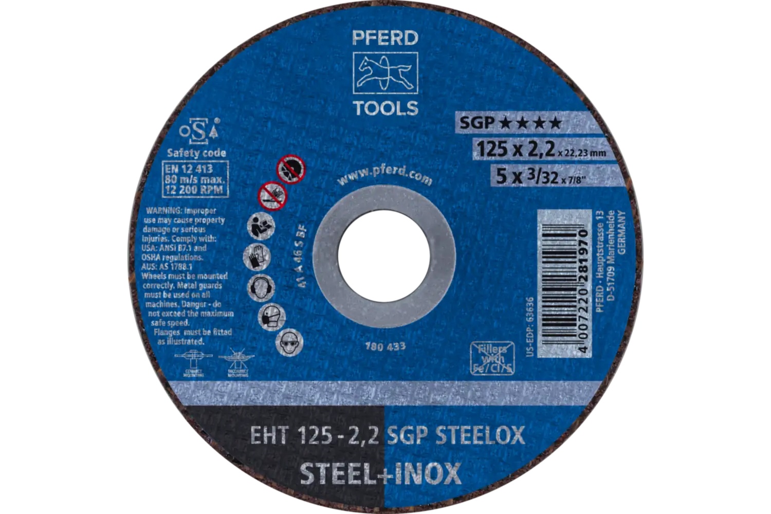 Picture of Pferd Cut-Off Wheel, 5" X 3/32 X 7/8, Sgp Steelox, T1, Aluminum Oxide